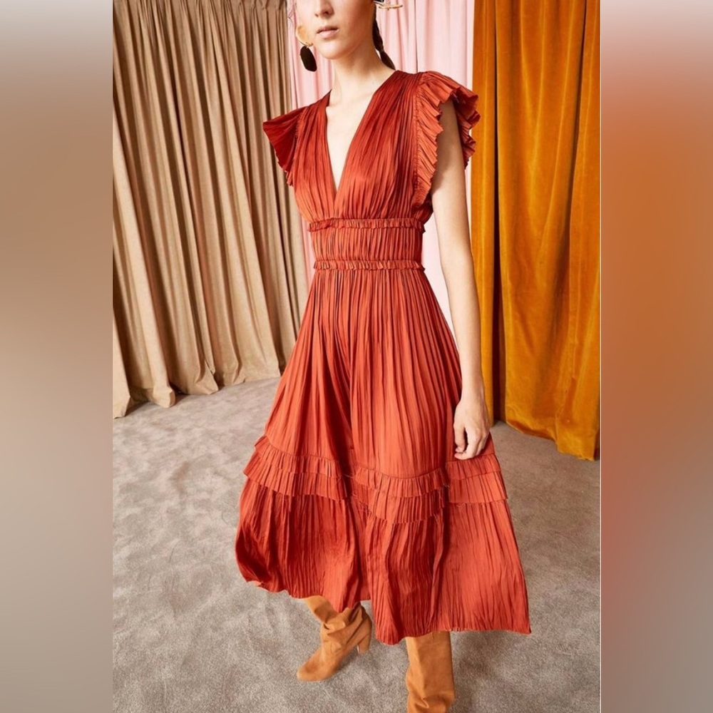 Ulla Johnson Orange Maxi Dress with Flutter Sleeves and Tiered Ruffles